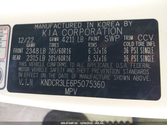 KNDCR3LE6P5075360 KIA NIRO EX
