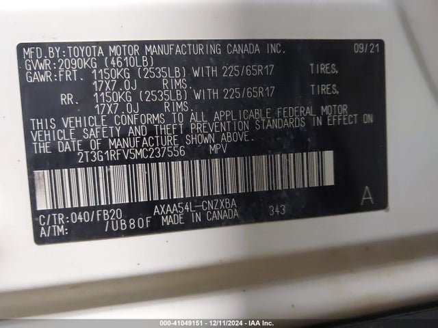 2T3G1RFV5MC237556 Toyota RAV4 LE