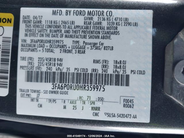 3FA6P0RU0HR359975 Ford Fusion Hybrid Titanium