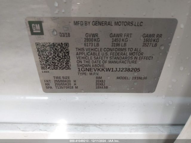 1GNEVKKW1JJ238205 Chevrolet Traverse High Country