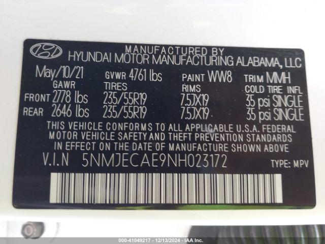 5NMJECAE9NH023172 Hyundai Tucson Limited