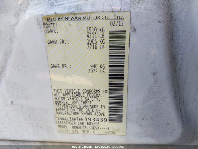 Nissan Altima 2.5 Sl 2015 1N4AL3AP7FN393439 Image 9