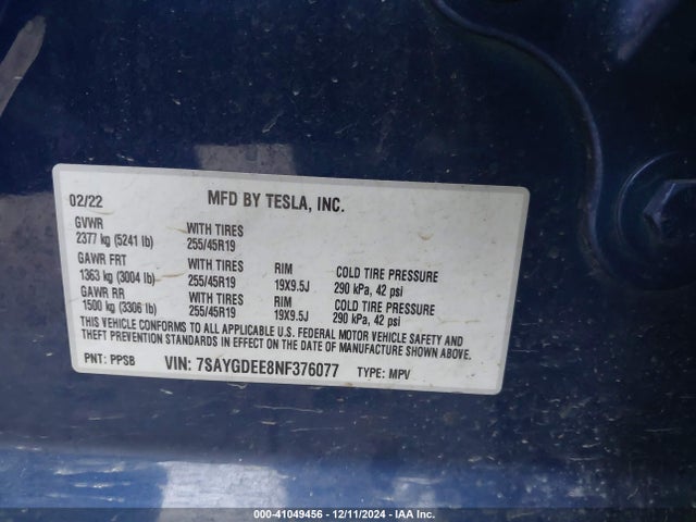 7SAYGDEE8NF376077 Tesla Model Y Long Range Dual Motor All-wheel Drive