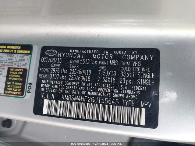 Hyundai Santa Fe Se 2016 KM8SM4HF2GU155645 Image 9