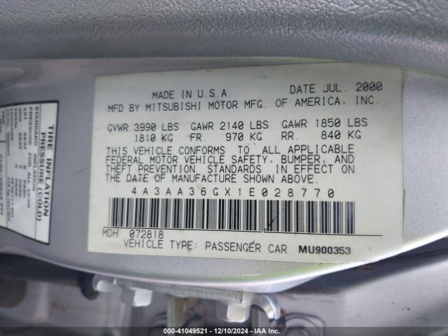 2001 MITSUBISHI GALANT 4A3AA36GX1E028770 Photo 8