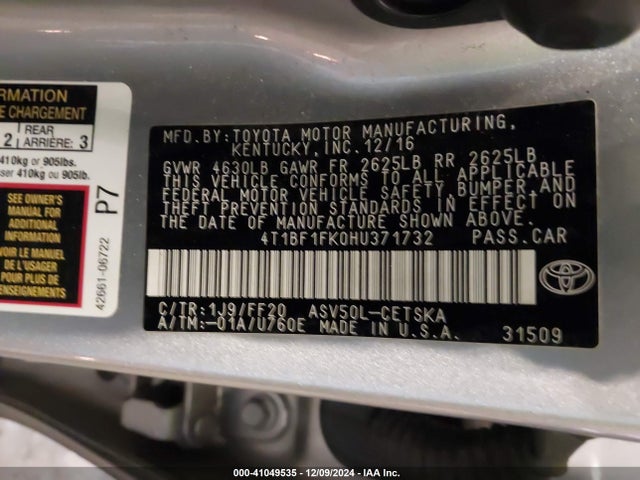 Toyota CAMRY SE 2017 4T1BF1FK0HU371732 Image 9
