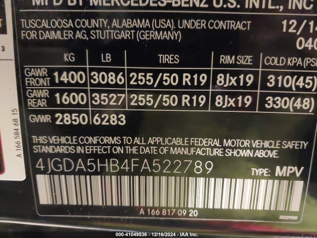 4JGDA5HB4FA522789 Mercedes-Benz Ml 350 4matic