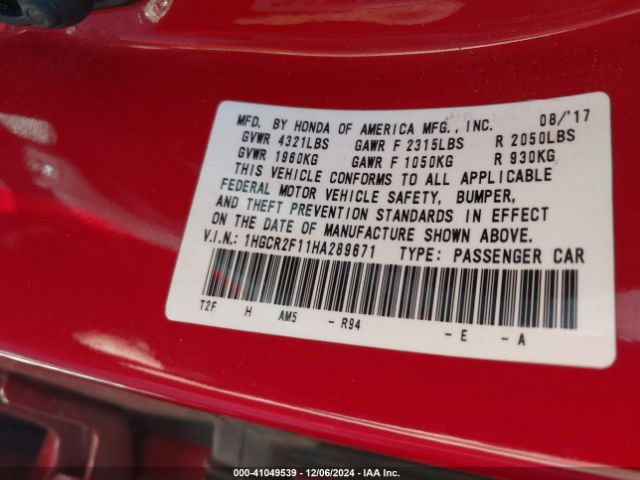 1HGCR2F11HA289671 Honda Accord Sport Se