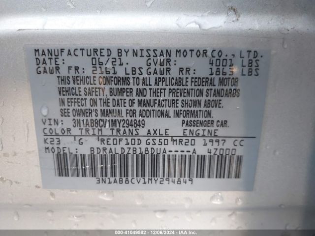 3N1AB8CV1MY294849 Nissan Sentra Sv Xtronic Cvt