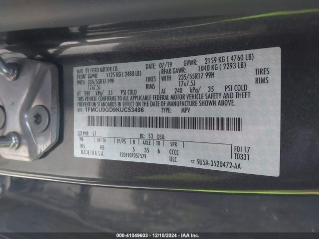 Ford ESCAPE SE 2019 1FMCU9GD9KUC53498 Image 9