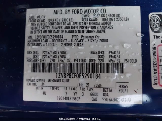 1ZVBP8CF0E5290184 Ford Mustang Gt Premium