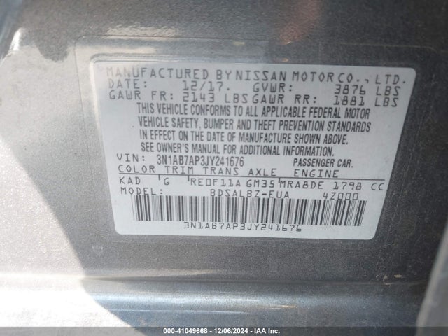 Nissan SENTRA S 2018 3N1AB7AP3JY241676 Image 9