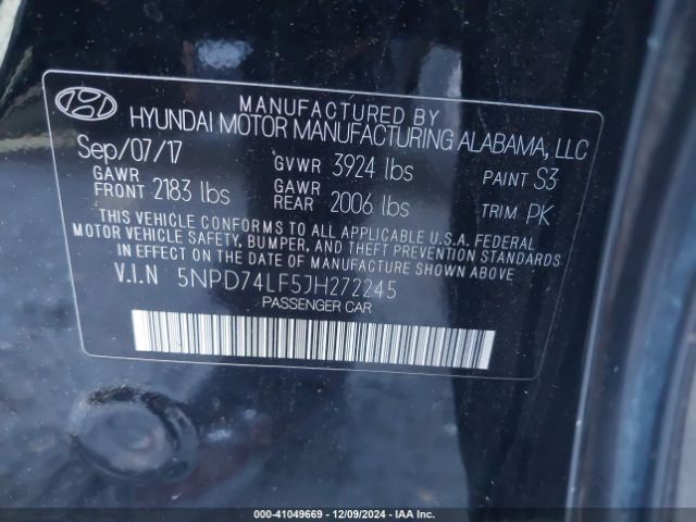 5NPD74LF5JH272245 Hyundai ELANTRA SE