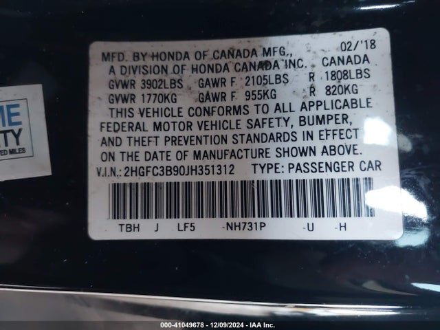 Honda Civic Touring 2018 2HGFC3B90JH351312 Image 9