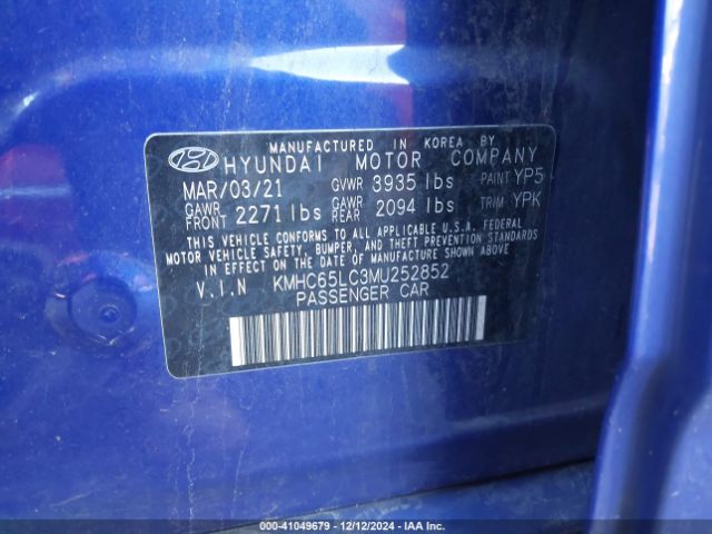 KMHC65LC3MU252852 Hyundai Ioniq Hybrid Blue
