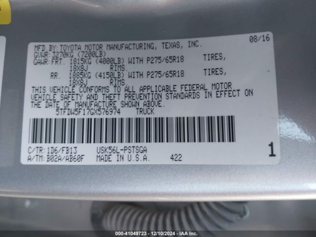 5TFDW5F17GX576974 Toyota Tundra Sr5 5.7l V8