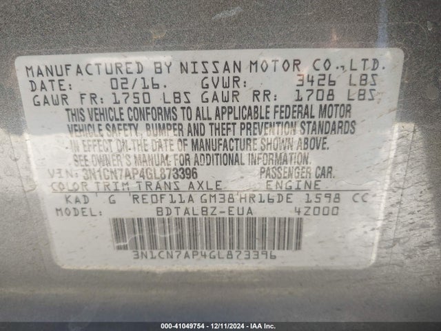 Nissan Versa 1.6 Sv 2016 3N1CN7AP4GL873396 Image 9