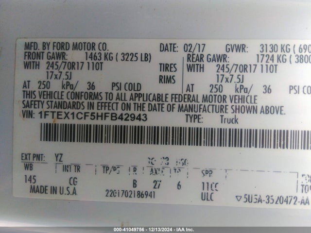 1FTEX1CF5HFB42943 Ford F-150 Xl