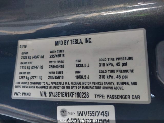 5YJ3E1EA1KF190238 Tesla Model 3 Long Range/mid Range/standard Range/standard Range Plus