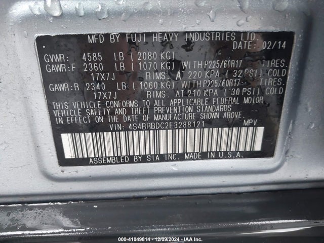 Subaru Outback 2.5i Premium 2014 4S4BRBDC2E3288121 Image 9