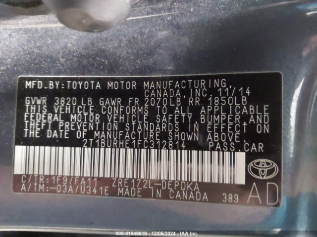 2T1BURHE1FC312814 Toyota COROLLA L