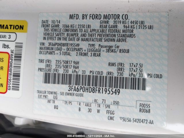 3FA6P0HD8FR195549 Ford FUSION SE