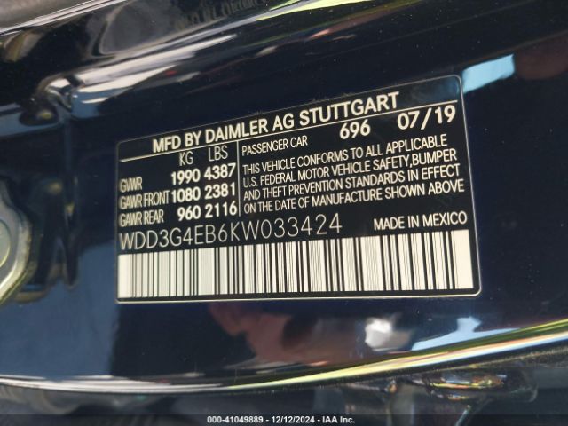 WDD3G4EB6KW033424 Mercedes-Benz A 220