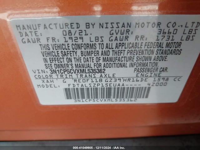 3N1CP5CVXML535362 Nissan KICKS SV