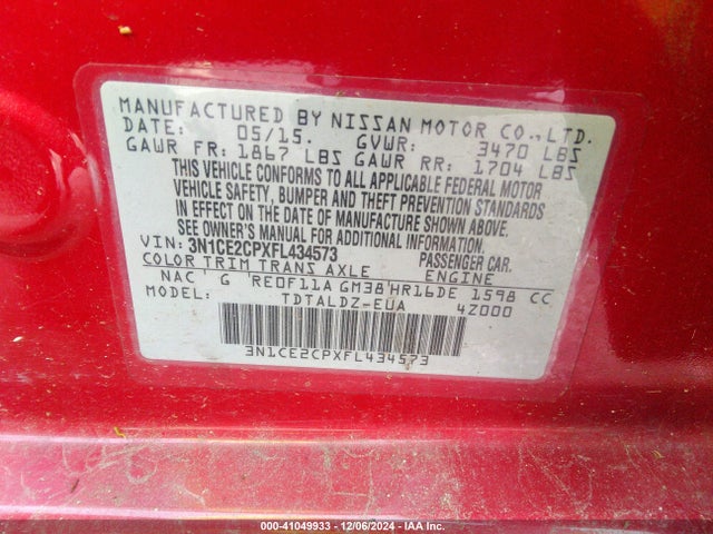 3N1CE2CPXFL434573 Nissan Versa Note Sv