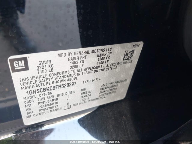 Chevrolet Tahoe Lt 2015 1GNSCBKC8FR520297 Image 9