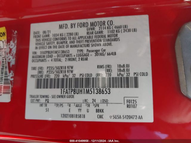 1FATP8UH1M5138653 Ford Mustang Ecoboost Premium