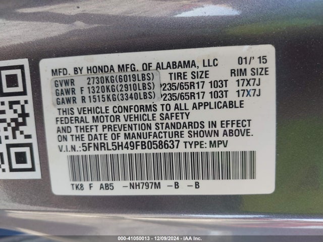 Honda ODYSSEY EX 2015 5FNRL5H49FB058637 Image 9