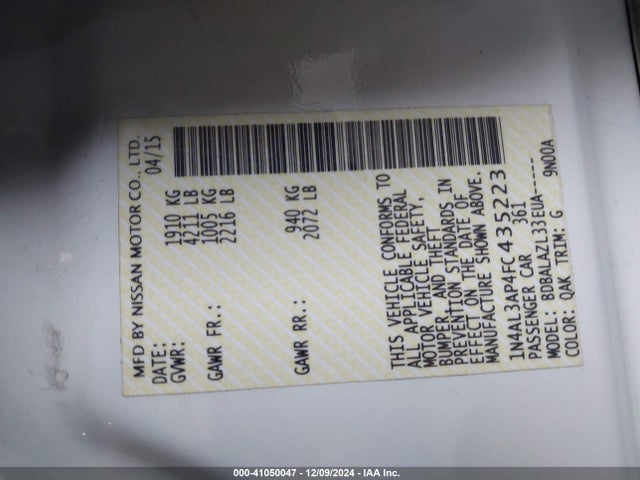 1N4AL3AP4FC435223 Nissan ALTIMA 2.5