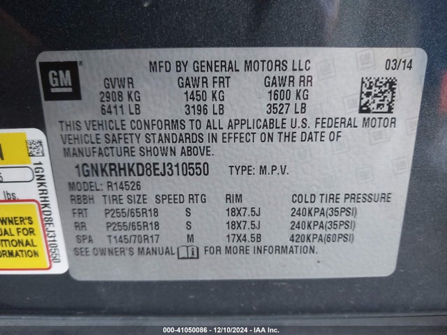Chevrolet Traverse 2lt 2014 1GNKRHKD8EJ310550 Image 9