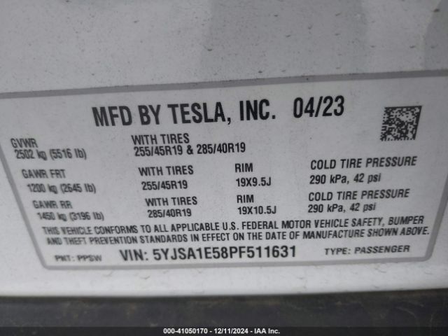 5YJSA1E58PF511631 Tesla Model S Dual Motor All-wheel Drive/standard Range