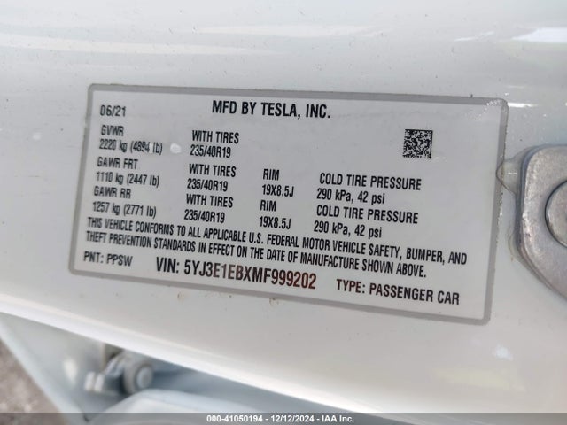 2021 TESLA MODEL 3 5YJ3E1EBXMF999202 Photo 8