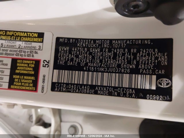 4T1B11HK3JU037826 Toyota CAMRY XLE