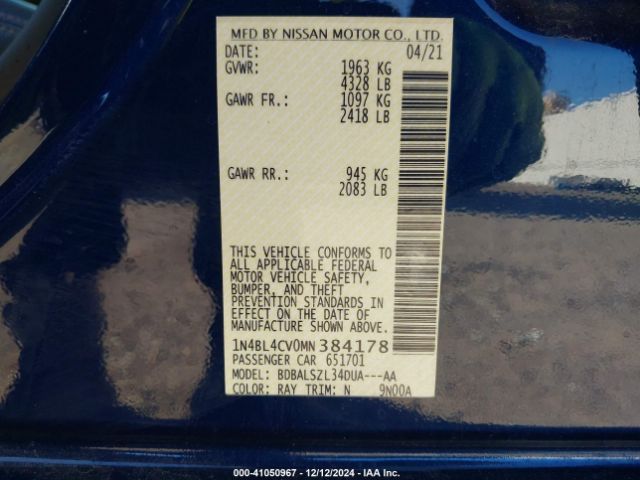 1N4BL4CV0MN384178 Nissan Altima Sr Fwd
