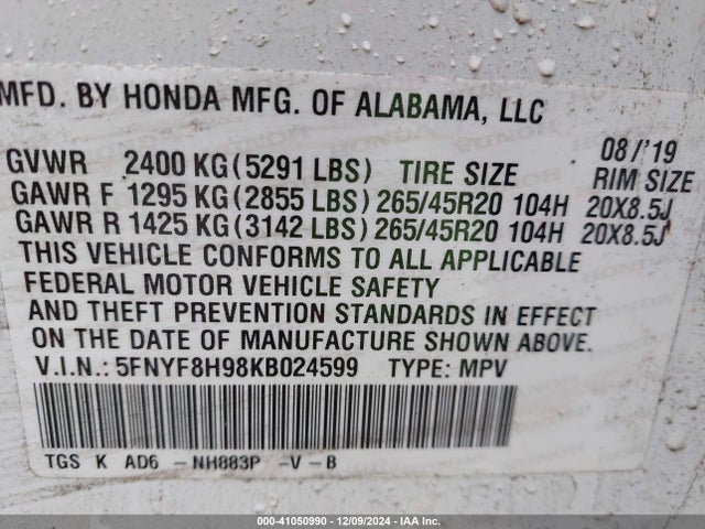 Honda Passport Touring 2019 5FNYF8H98KB024599 Image 9