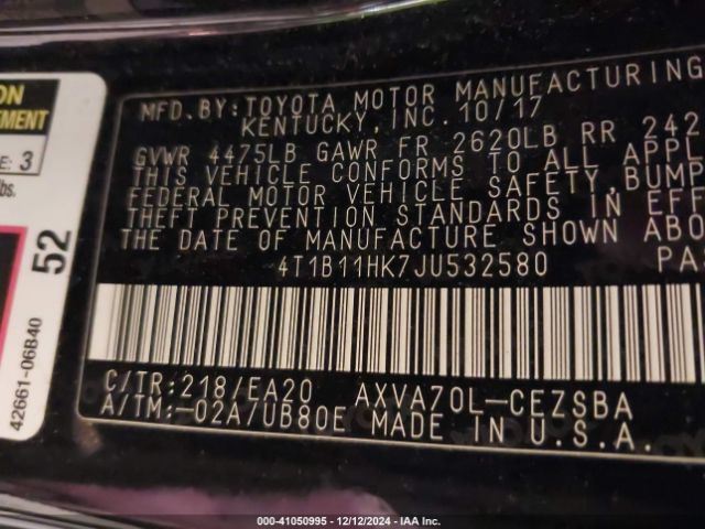 4T1B11HK7JU532580 Toyota CAMRY SE