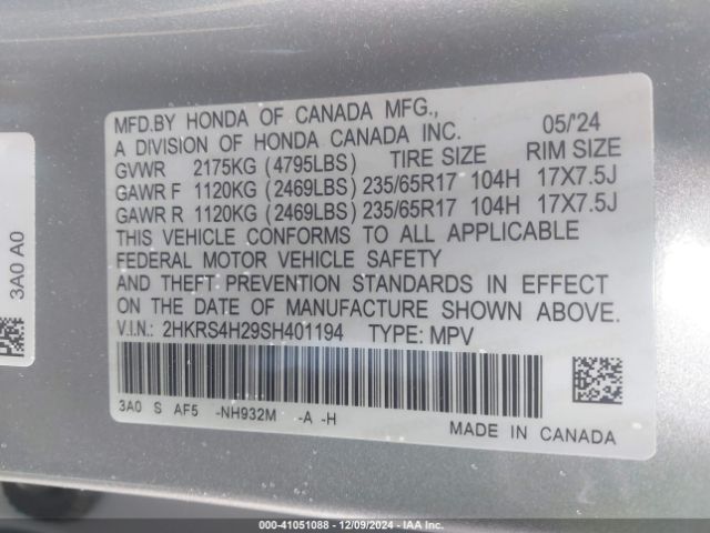 2HKRS4H29SH401194 Honda Cr-v Lx Awd