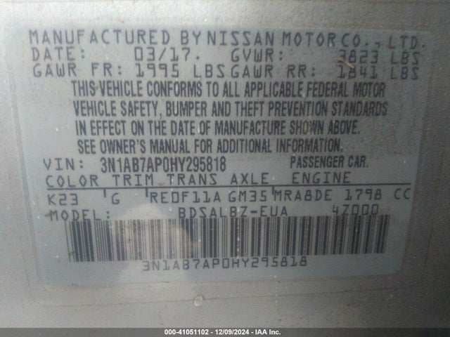 3N1AB7AP0HY295818 Nissan SENTRA S