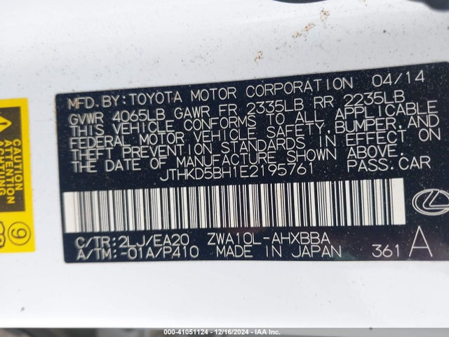 JTHKD5BH1E2195761 Lexus CT 200H