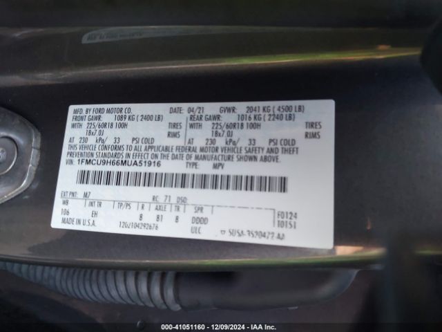 1FMCU9H66MUA51916 Ford ESCAPE SEL