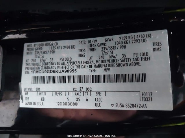 1FMCU9GD6KUA90955 Ford ESCAPE SE
