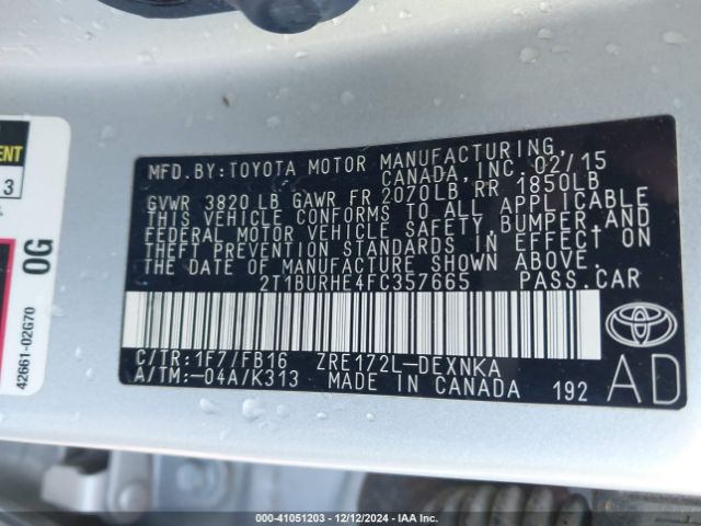 2T1BURHE4FC357665 Toyota Corolla L/le/le Pls/prm/s/s Pls