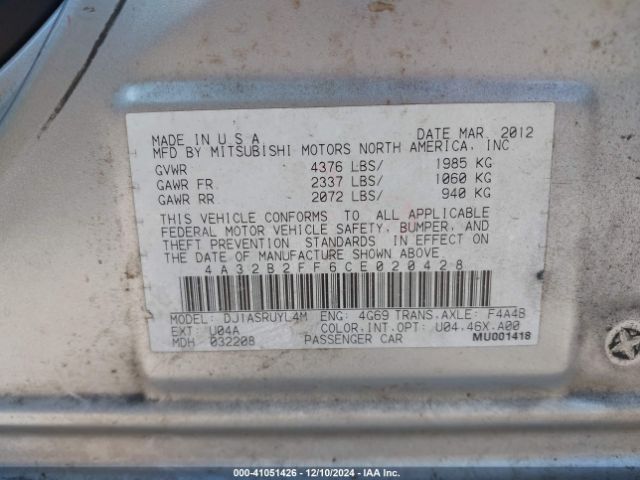 2012 MITSUBISHI GALANT 4A32B2FF6CE020428 Photo 8