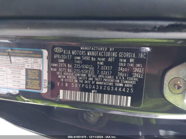 5XYPGDA3XJG344425 KIA Sorento 2.4l Lx