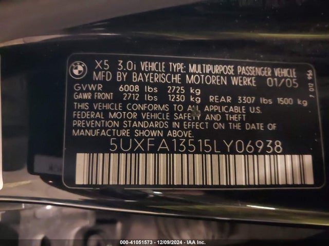 41051573 :رقم المزاد ، 5UXFA13515LY06938 vin ، 2005 Bmw X5 3.0i مزاد بيع