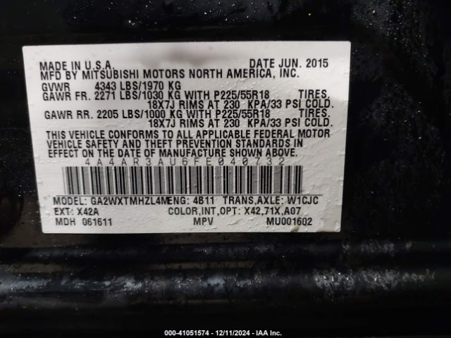 4A4AR3AU6FE040732 Mitsubishi Outlander Sport Es